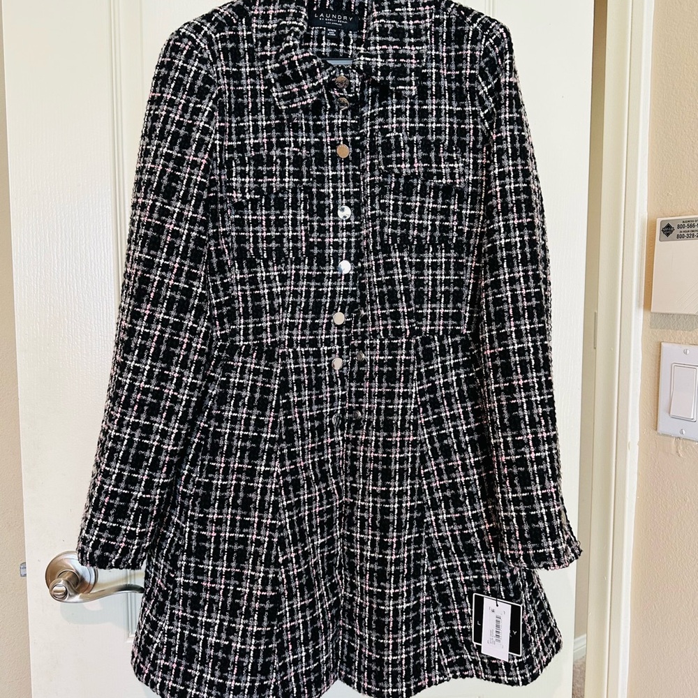 NWT Laundry by Shelli Segal Tweed Plaid Coat Jacket Fit & Flare Women Black -M - Picture 13 of 16